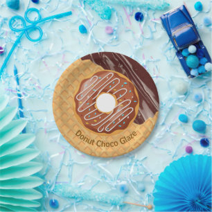 Dessert,Donut Choco Glazuur, Gesmolten Chocolade Papieren Bordje