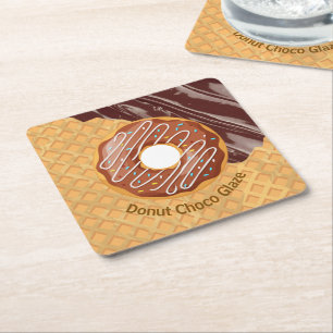 Dessert,Donut Choco Glazuur, Gesmolten Chocolade Vierkante Kartonnen Onderzetter