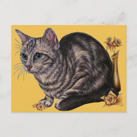 Dessin de chat avec Daffodiles sur carte postale (Devant)