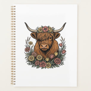 Dessin de gravure vintage de vache highland floral
