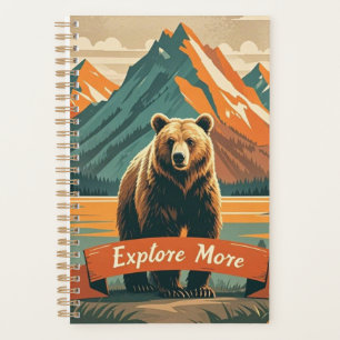Dessin d'ours de style rétro et chaîne de montagne