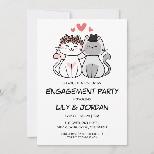 Dessin du couple de chats invitations fiançailles (Devant)