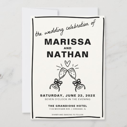 Dessiné Ensemble Faire-part de mariage Champagne (Devant)