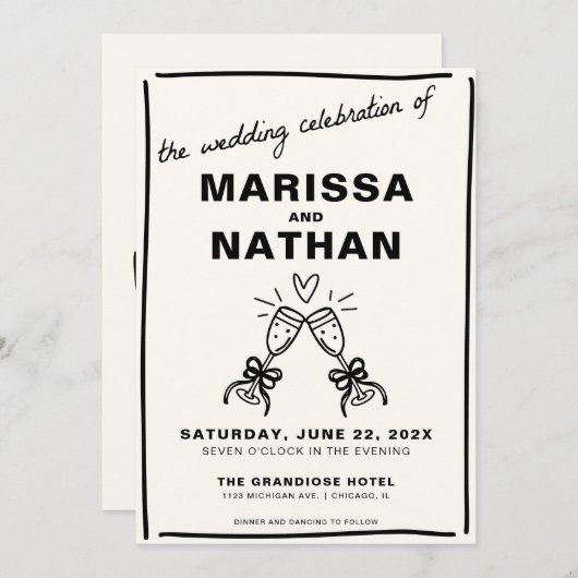 Dessiné Ensemble Faire-part de mariage Champagne (Devant / Derrière)