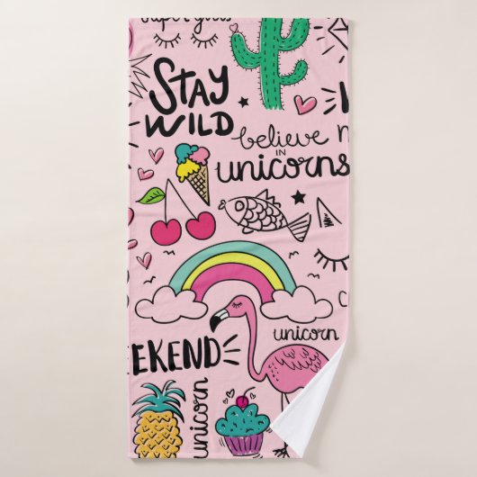 Dessins mignons sur motif extensible rose (Serviette de bain)