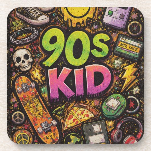 Dessous-de-verre 90s Kids Grunge Seamless Pattern: Pizza, Skeletons (Devant)