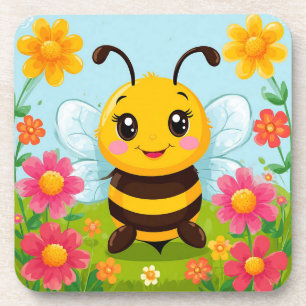 Dessous-de-verre Abeille de dessin animé joyeuse entourée de fleurs