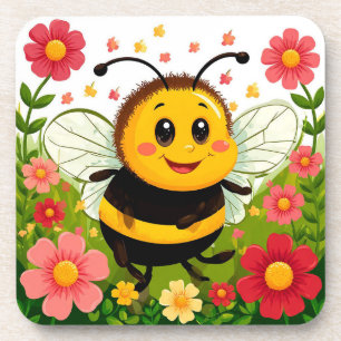 Dessous-de-verre Abeille de dessin animé joyeuse entourée de fleurs