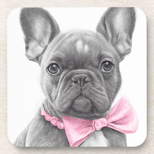 Dessous-de-verre Adorable chiot français bulldog avec un arc rose (Devant)