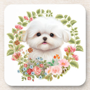 Dessous-de-verre adorable chiot maltais en fleur, Amoureux des chie
