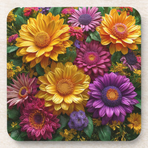 Dessous-de-verre Affichage vibrant de fleurs jaunes et violettes