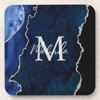 Dessous-de-verre Agate Marbre Bleu Nuit et Argent