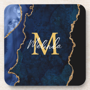 Dessous-de-verre Agate Marbré Bleu Nuit et Or
