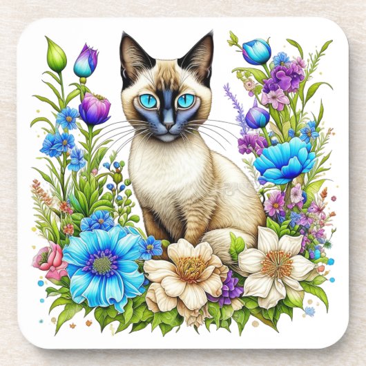 Dessous-de-verre Ai Aquarelle Siamese Chat en Fleurs (Devant)