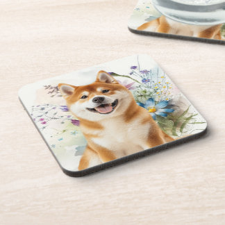 Dessous-de-verre Akita Shiba Inu Dog with Blue Watercolor Flowers