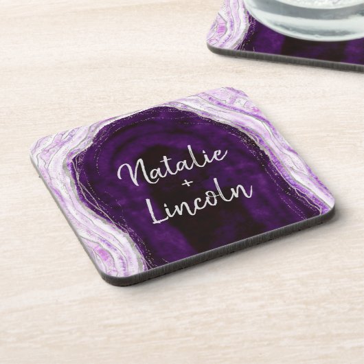 Dessous-de-verre Amethyst Purple & Silver Geode Mariage Monogramme (Côté gauche)