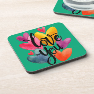 Dessous-de-verre Amour aquarelle vibrant : « Je t'aime » écrit à la