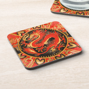 Dessous-de-verre Ancien Dragon chinois traditionnel Rouge Or Or