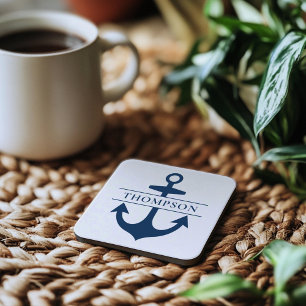 Dessous-de-verre Ancre bleue marine Nom du monogramme personnalisé