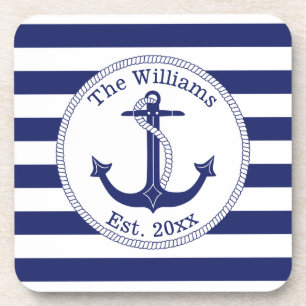 Dessous-de-verre Ancre nautique Marine Blue Stripes Nom de famille