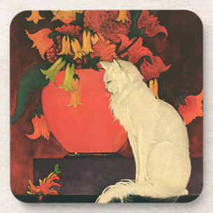 Dessous-de-verre Animaux Vintage, Élégant Chat Blanc, Fleurs d'Auto