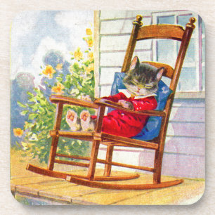 Dessous-de-verre Années 1930 adorable chaton napper sur rocker de p
