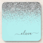 Dessous-de-verre Aqua bleu Turquoise Parties scintillant argent Mon<br><div class="desc">Aqua Blue - Turquoise et Silver Parties scintillant Script Monogramme Nom Dessous de verre papier. Cela fait le cadeau parfait de remise de diplômes,  anniversaire,  mariage,  douche nuptiale,  anniversaire,  baby shower ou bachelorette pour quelqu'un qui aime le luxe glam et les styles chic.</div>