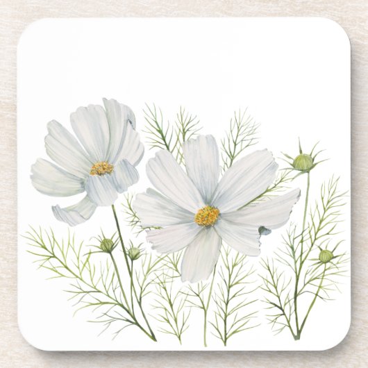 Dessous-de-verre Aquarelle Blanc Cosmos Fleurs Peinture Botanique (Devant)