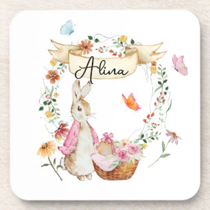 Dessous-de-verre Aquarelle de Pâques de lapin rose personnalisée