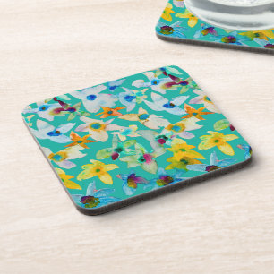 Dessous-de-verre Aquarelle fleurs bleues blanches