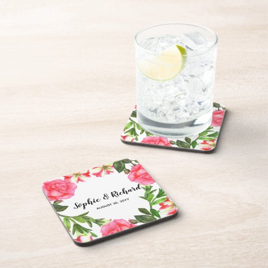 Dessous-de-verre Aquarelle Fleurs roses Circle Conception de courro (Côté Droit)