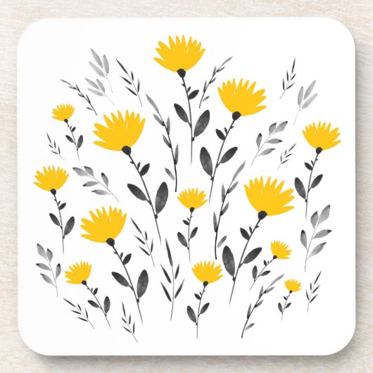 Dessous-de-verre Aquarelle gris jaune moderne Motif floral (Devant)
