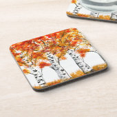 Dessous-de-verre Aquarelle Oiseaux Arbres Automne Orange Feuille (Côté gauche)