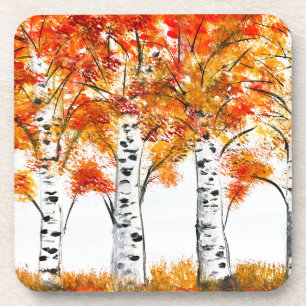 Dessous-de-verre Aquarelle Oiseaux Arbres Automne Orange Feuille