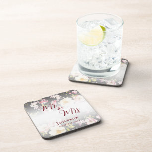 Dessous-de-verre Aquarelle rose Roses jaunes, noir flou, Mariage