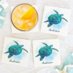Dessous-de-verre Aquarelle Tortue de mer Océan côtier marin<br><div class="desc">Ces dessous de verre à thème nautique sont parfaits pour des soirées de piscine,  des animations de beach house,  des mariages,  et tout autre événement côtier,  avec une mignonne tortue bleu aqua nageant sur un jet d'eau de l'océan.</div>