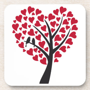 Dessous-de-verre Arbre rouge de coeur avec des inséparables