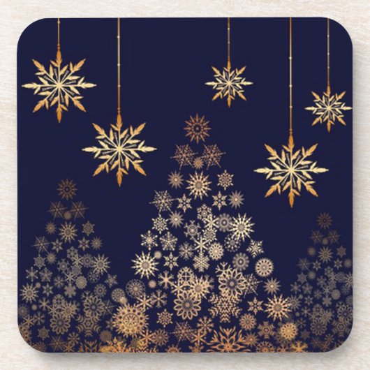 Dessous-de-verre Arrière - plan bleu avec arbre de Noël doré (Devant)