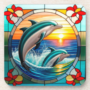 Dessous-de-verre Art de verre coloré avec des dauphins bondissant a