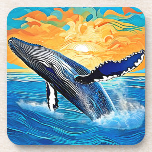 Dessous-de-verre Art du saut du coucher de soleil pour la baleine à