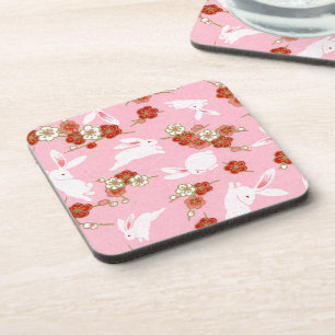 Dessous-de-verre Art japonais : Sakuras et lapins roses