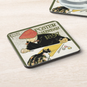 Dessous-de-verre Art Nouveau vintage, artiste peignant avec son cha