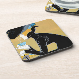 Dessous-de-verre Art Nouveau vintage, Dame trinkt Marco Polo Tee