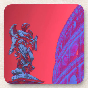 Dessous-de-verre Art numérique rouge, bleu du Colisée et statue