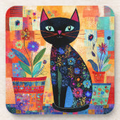 Dessous-de-verre Art populaire de chat noir (plantes en pot) (Devant)