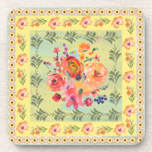 Dessous-de-verre Artisan vintage aquarelle florale Peinture jaune