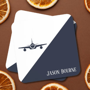 Dessous-de-verre Avion Bleu Nuit et Blanc Élégant Voyage Moderne