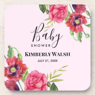 Dessous-de-verre Baby shower Fleurs rouges roses modernes sur rose 