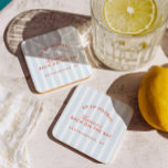 Dessous-de-verre Bachelorette Rétro Moderne Rouge & Bleu<br><div class="desc">Apportez un air côtier à chaque cocktail avec ces dessous de verre de soirée à rayures personnalisées. L'arrière - plan bleu clair et blanc associé à la typographie rouge corail ajoute une touche de préppie ludique — parfait pour les boissons au bord de la piscine, les brunchs ou les rassemblements...</div>