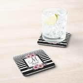 Dessous-de-verre Bandes noires et blanches Monogramme floral rose (Côté Droit)